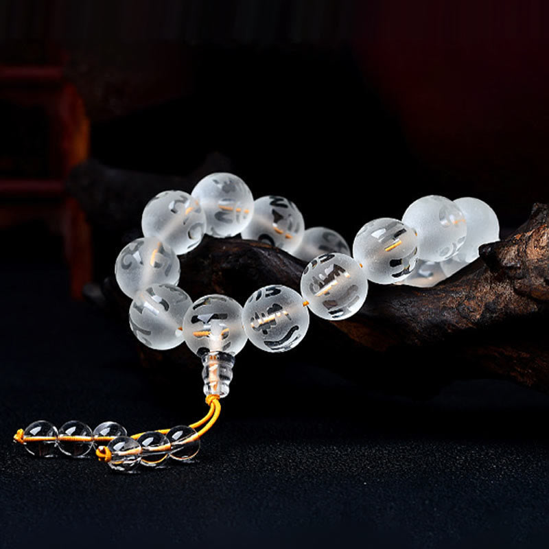8mm White Crystal Om Mani Padme Hum Meditation Bracelet