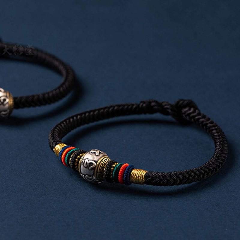 925 Sterling Silver Om Mani Padme Hum Braided Bracelet with King Kong Knot for Luck and Protection