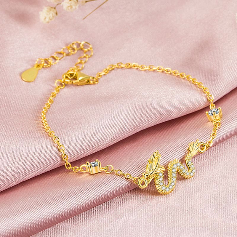 Unisex 925 Sterling Silver Dragon Bracelet with Red Rope & Gold Charm