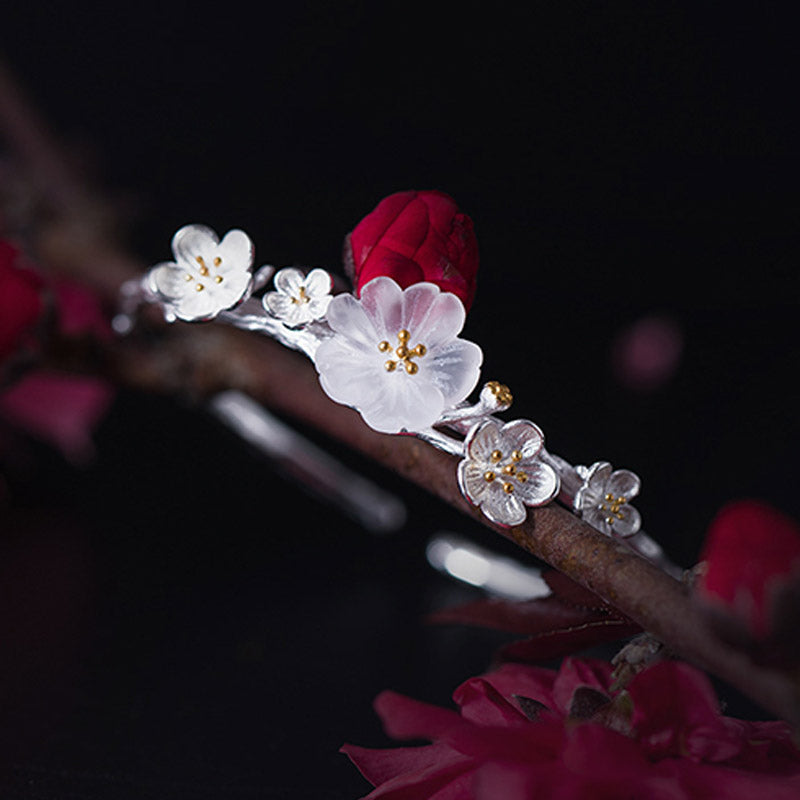 Sterling Silver Plum Flower Blessing Adjustable Spiritual Bracelet