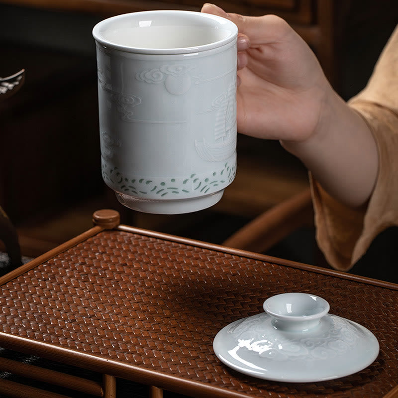 Tasse à thé zen en porcelaine de Jingdezhen, 420 ml, motif dragon et phénix