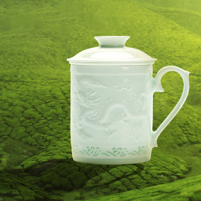 Tasse à thé zen en porcelaine de Jingdezhen, 420 ml, motif dragon et phénix
