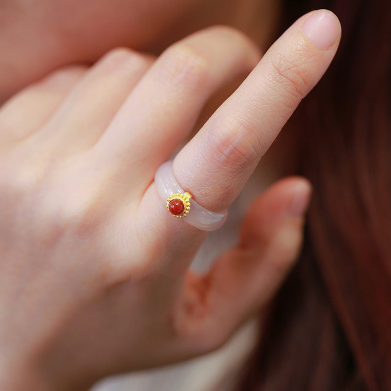 Cyan Jade & Red Agate Luck Protection Ring | Agate Rings