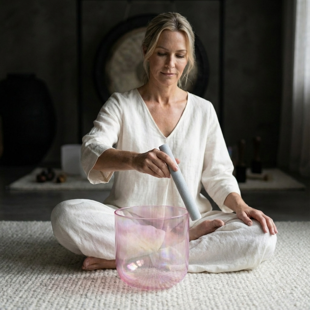 Bol chantant en cristal rose clair Alchemy Cosmic Light 432 Hz avec sac