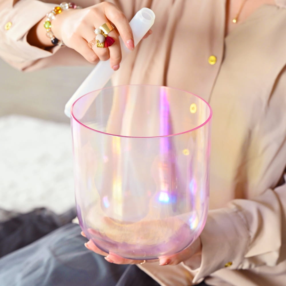 432Hz Alchemy Cosmic Light Clear Pink Crystal Singing Bowl with Carrier Bag - clear bowl - On sale