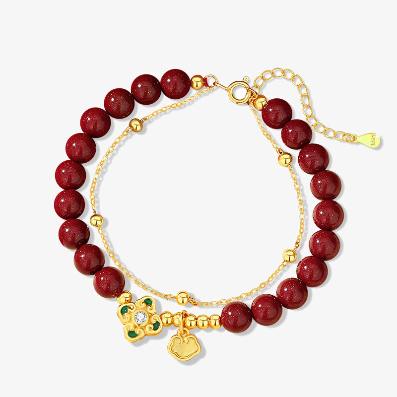 Cinnabar Four Leaf Clover Chain Bracelet in 925 Silver