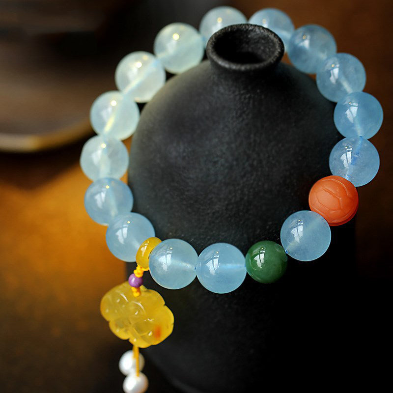Aquamarine & Amber Peace Bracelet with Chinese Knot Charm