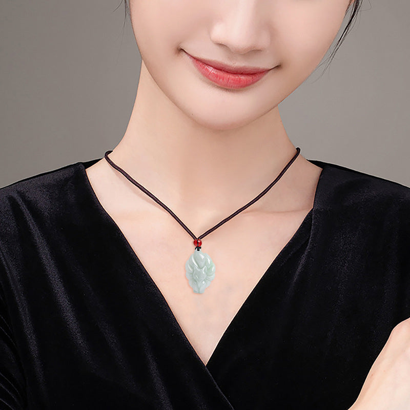 Natural Jade Nine Tailed Fox Prosperity Necklace Pendant