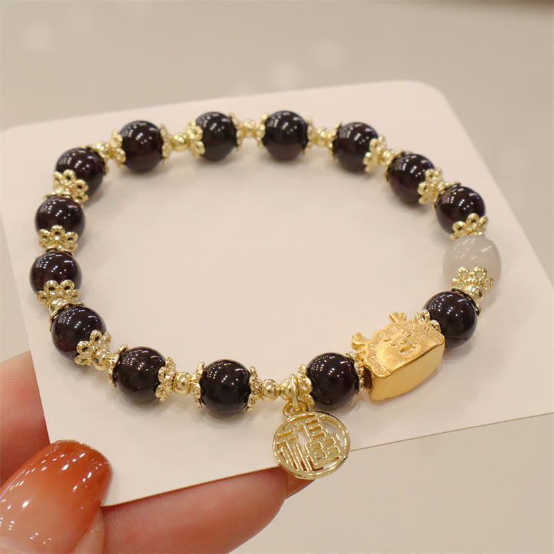 8mm Dragon Luck Bracelet with Red Agate & Multifaceted Stones