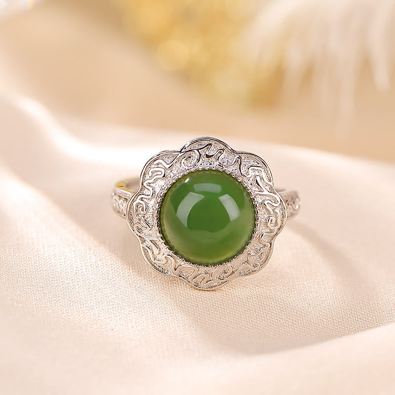 Adjustable 925 Sterling Silver Hetian Cyan Jade Luck Ring