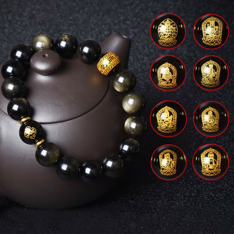 Bracelet de protection du zodiaque chinois en obsidienne dorée brillante 12 mm