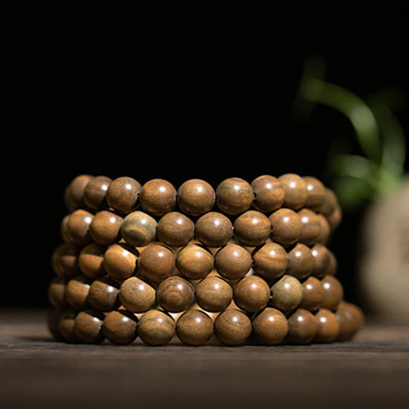 108 Wood Mala Beads Bracelet Green Sandalwood Lotus Beads