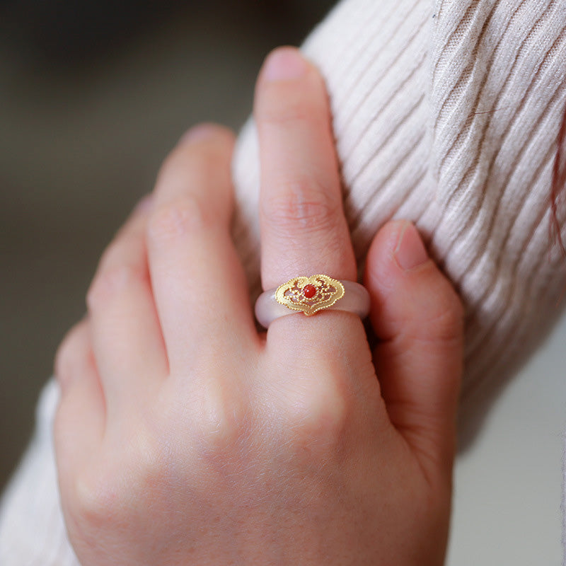 Cyan Jade & Red Agate Luck Protection Ring | Agate Rings