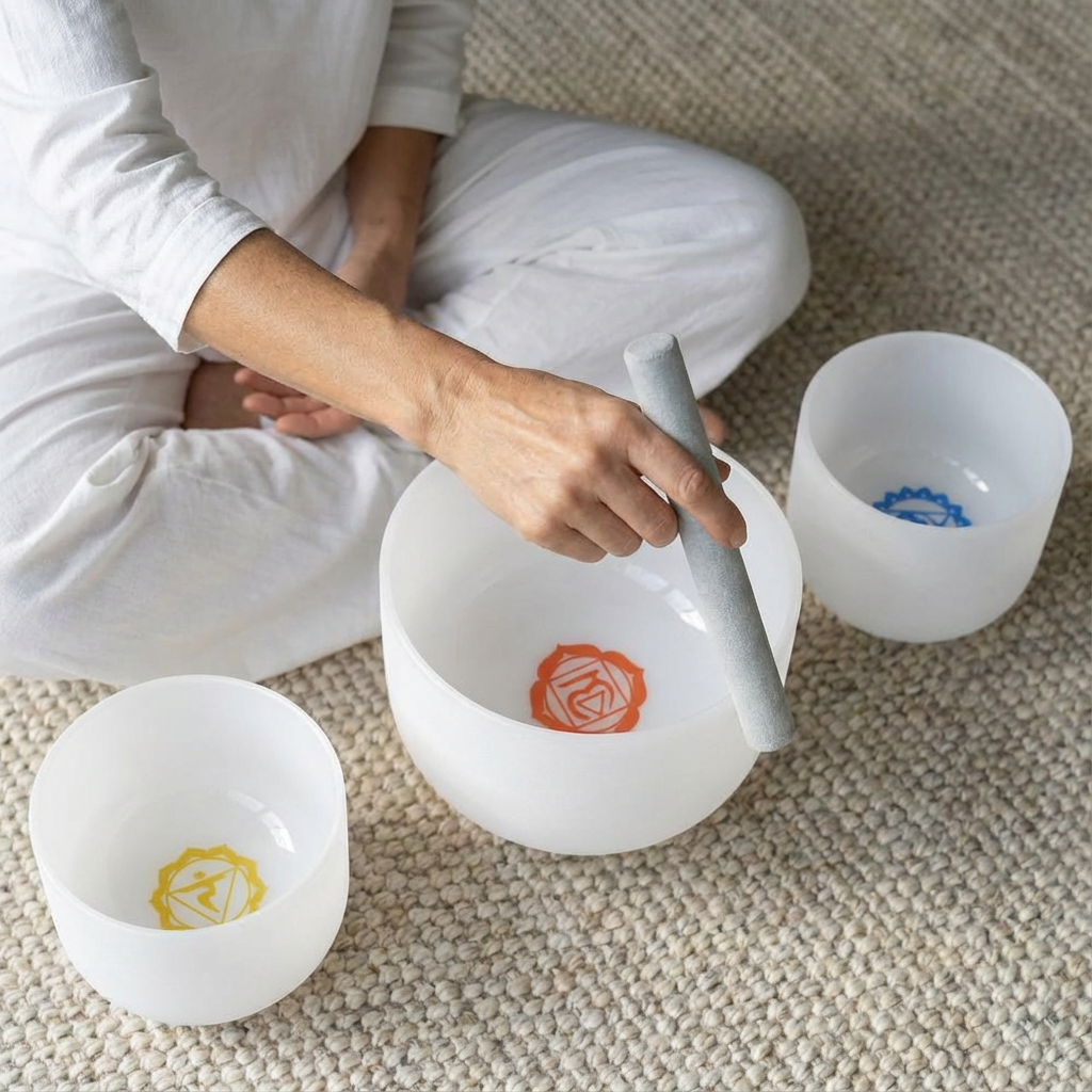 Ensemble de 3 bols chantants en cristal avec symboles de chakra 8"G 10"E 12"C