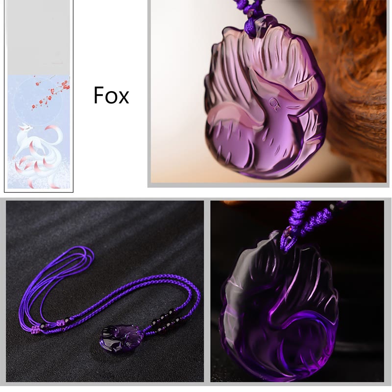 Collier porte-bonheur en améthyste naturelle avec renard à neuf queues