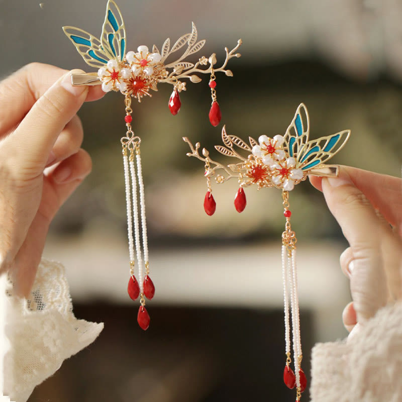 Red Flower Butterfly Pearl Tassel Hair Clip Comb Crown, Spiritual Jewelry