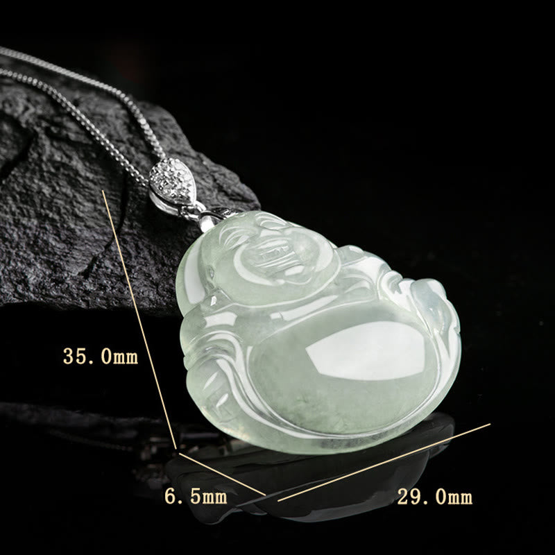 925 Sterling Silver Natural Jade Laughing Buddha Prosperity Necklace