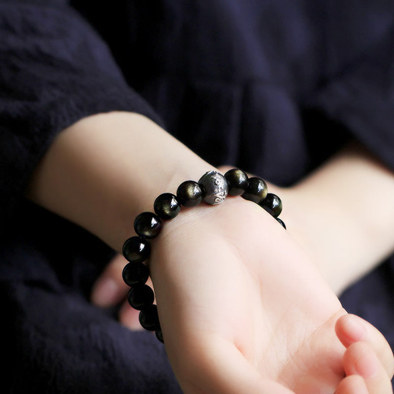 8mm Obsidian Purification Bracelet with Zodiac Buddha