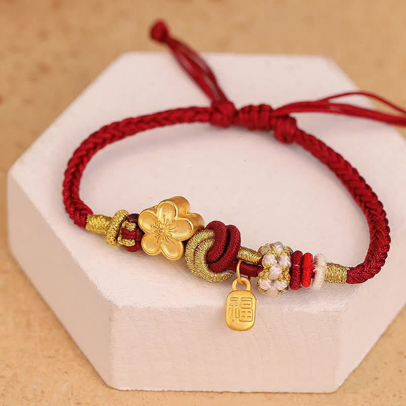 Red String Bracelet with Peach Blossom Charm for Luck & Protection