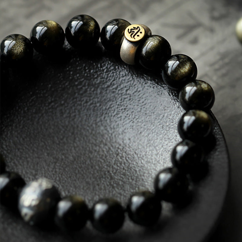 8mm Obsidian Purification Bracelet with Zodiac Buddha