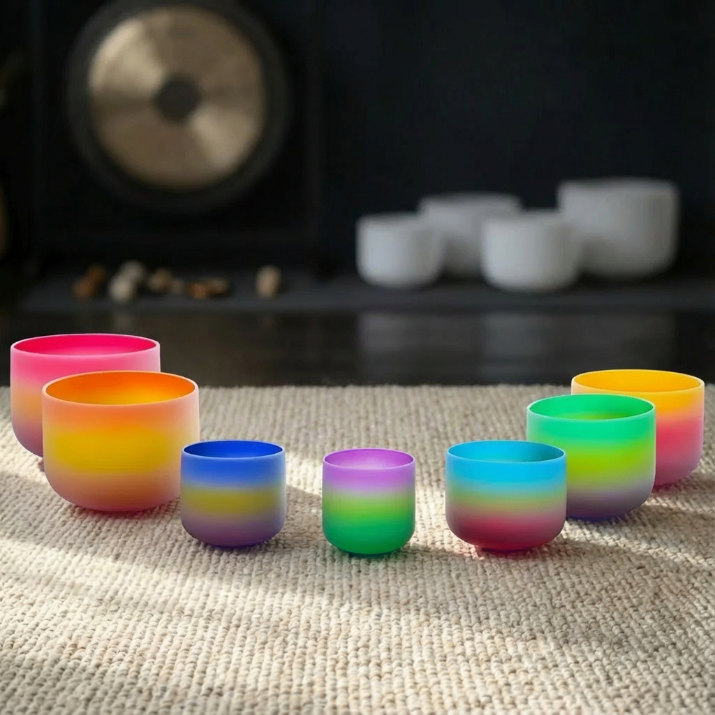 Ensemble de bols chantants en cristal de quartz givré arc-en-ciel - 7 pièces 6-14