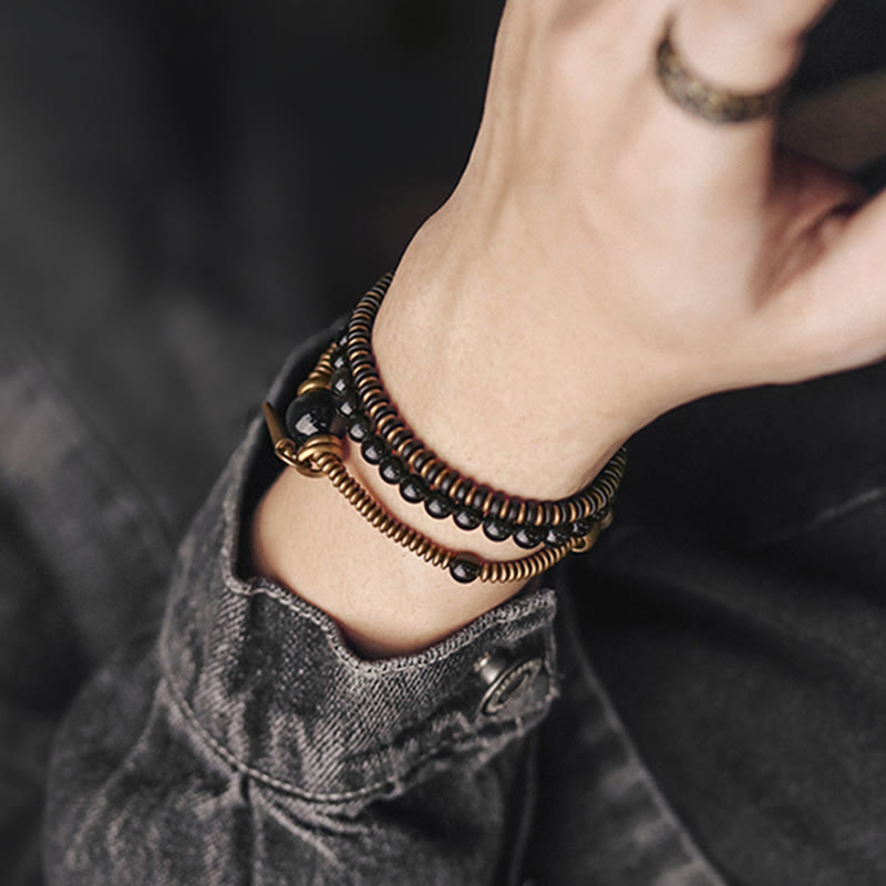 Rainbow Obsidian Ebony Wood Triple Wrap Healing Bracelet