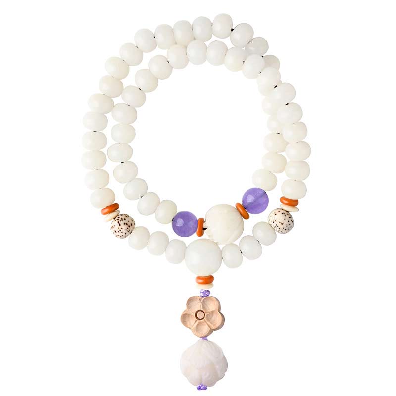 Bracelet Lotus unisexe avec jade blanc, graines de Bodhi et bénédictions