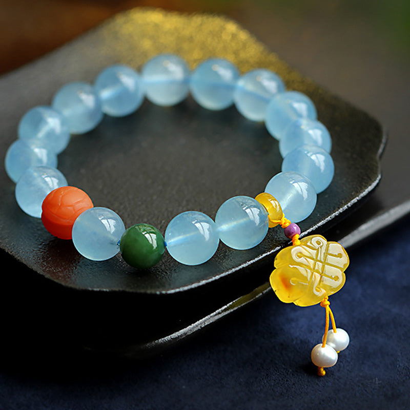 Aquamarine & Amber Peace Bracelet with Chinese Knot Charm
