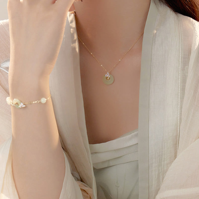 Hetian Jade Peace Buckle Bracelet & Necklace Set - 925 Silver