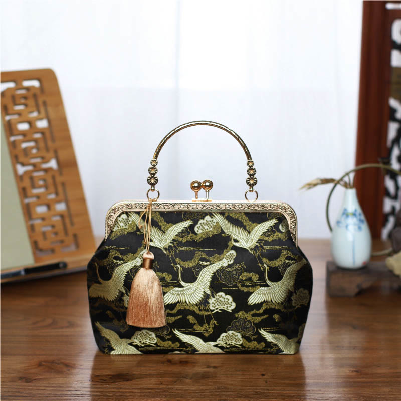 Vintage Flower Butterfly Crane Sea Waves Metal Chain Shoulder Bag