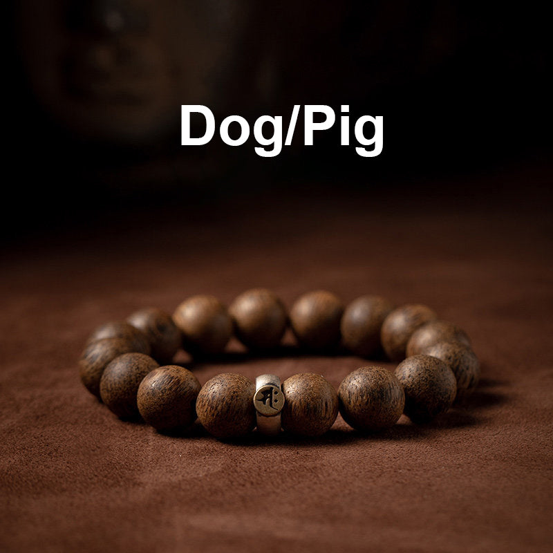 Bracelet de paix en bois d'agar naturel avec perles de 12 mm et symbole du zodiaque chinois