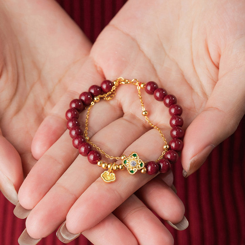 Cinnabar Four Leaf Clover Chain Bracelet in 925 Silver