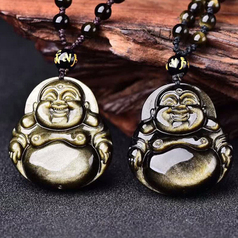 Gold Sheen Obsidian Laughing Buddha Wealth Necklace Pendant