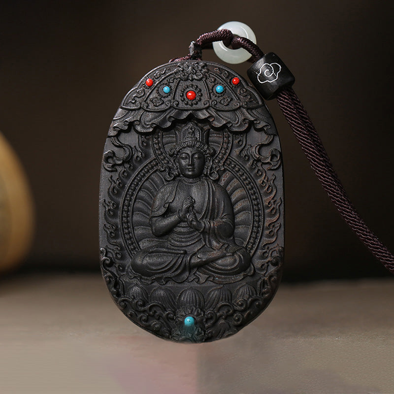 Collier en bois d'agar avec pendentif Om Mani Padme Hum et signe du zodiaque chinois