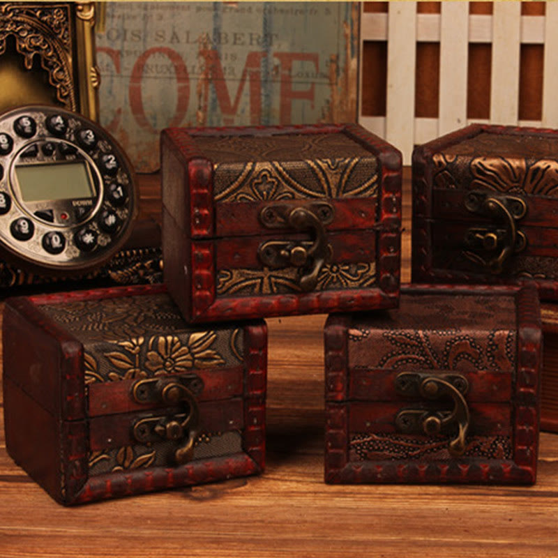 Retro Small Square Wood Jewelry Box with Lotus Design