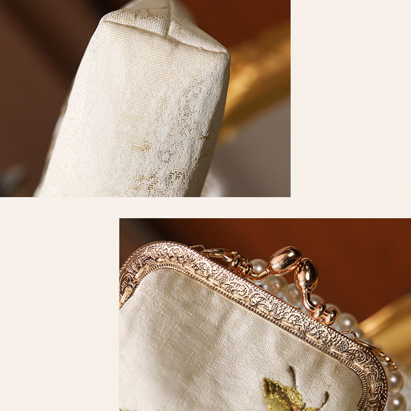 Small Flowers Butterfly Embroidered Pearl Chain Shoulder Bag