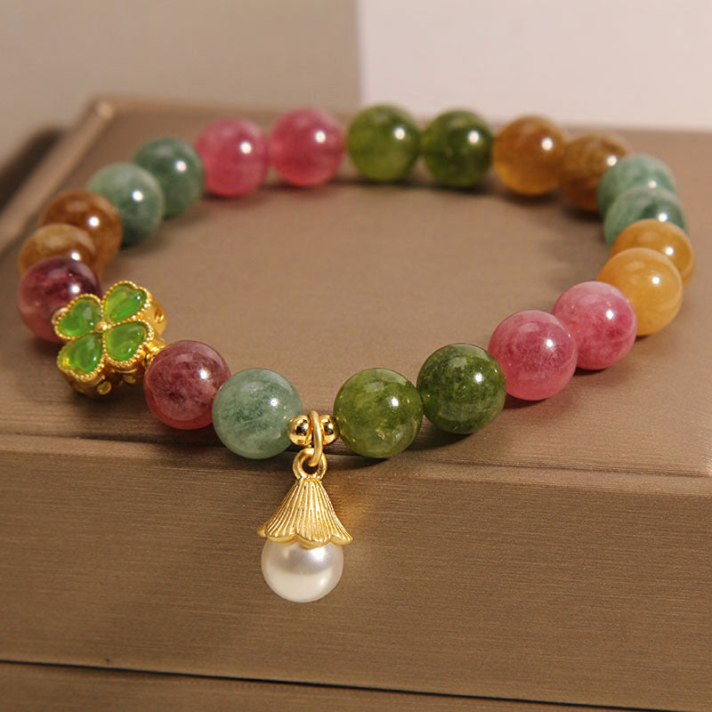 Bracelet de sagesse en tourmaline et trèfle à quatre feuilles