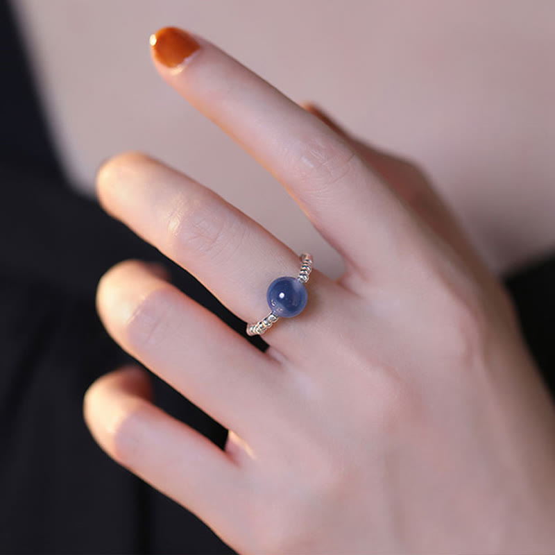 Blue Candy Agate 8mm Healing Bead Ring - Sterling Silver