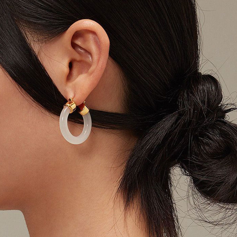 Round White Jade Prosperity Earrings with Silver and Gold Options