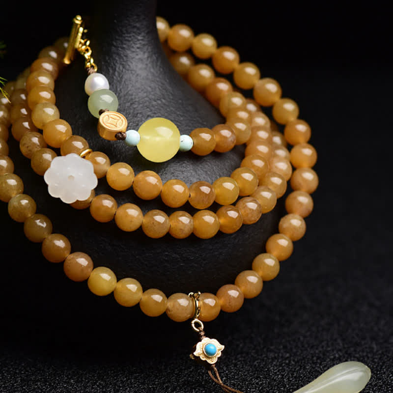 6mm Natural Hetian Topaz Amber Lotus White Jade Pearl Success Bracelet