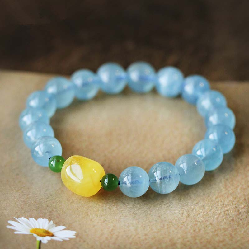 Natural Aquamarine Amber Serenity Healing Bracelet 8mm