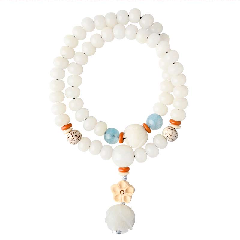 Bracelet Lotus unisexe avec jade blanc, graines de Bodhi et bénédictions