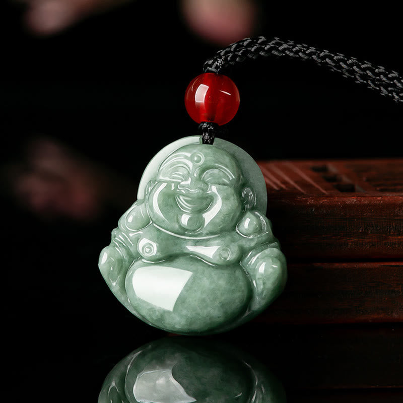 Collier Bouddha rieur en jade vert pour la chance et l'abondance