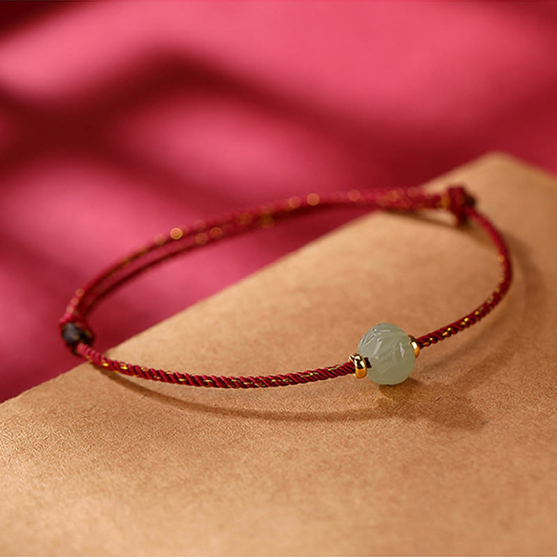 Small Hetian Jade Lotus Luck Red String Bracelet 6x8mm