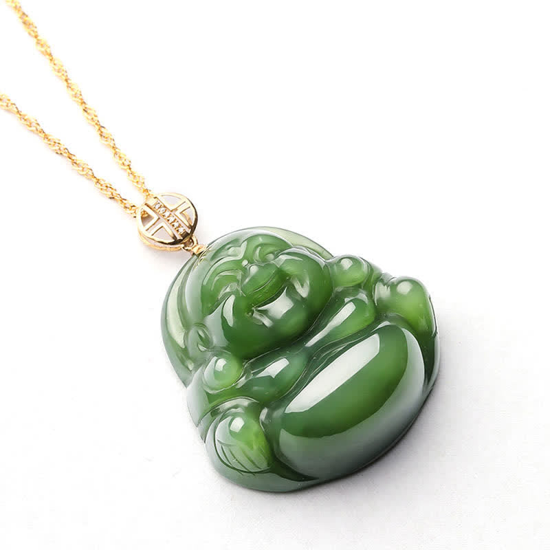 Cyan Jade Laughing Buddha Success Pendant | 925 Silver & 18K Gold