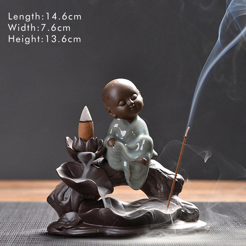 Ceramic Lotus Blessing Incense Burner with Little Monk