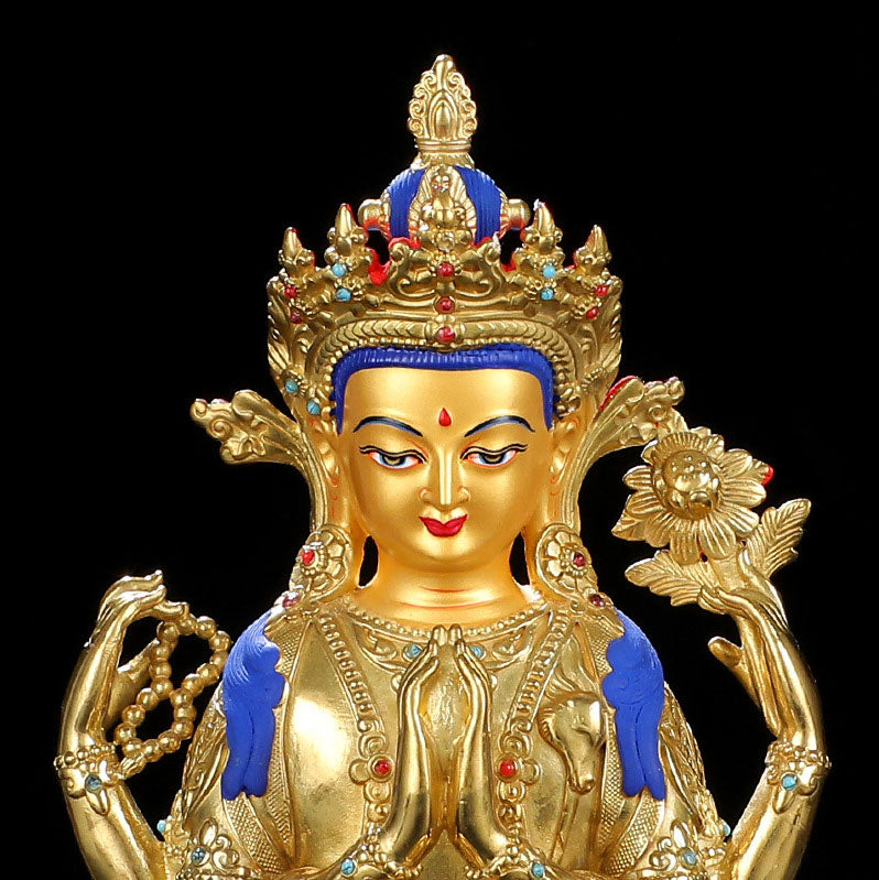 Chenrezig Copper Gold Plated Buddha Statue for Protection 5 Inch