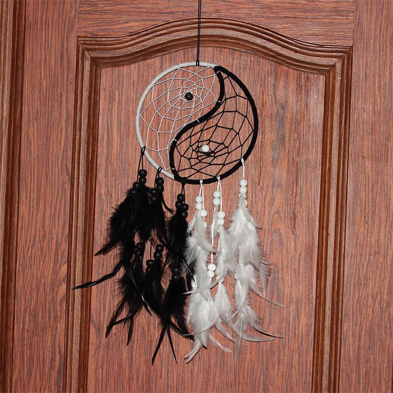 Yin Yang Dream Catcher with Feathers | Balance Wall Art