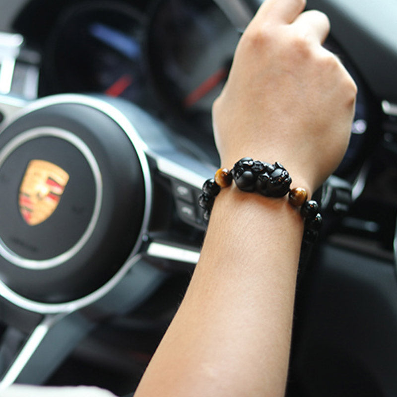 10mm Pixiu Bracelet with Rainbow Obsidian & Tiger Eye for Wealth