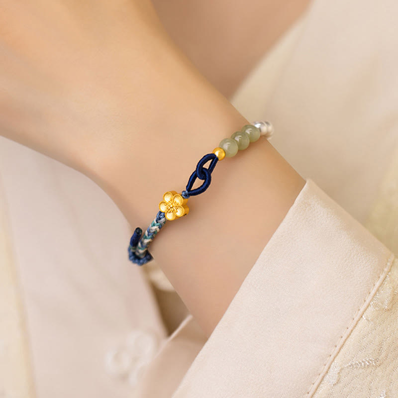 Sterling Silver Hetian Jade Luck Bracelet with Peach Blossom & Pearls